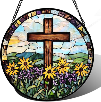 DASTOLL Christian Gifts for Women - Cross Stained Glass Window Hanging Easter Yellow Purple Wildflowers Sun Catcher Garden Religion Decor Mother's Day Catholic Gift for Men Grandma Nana Her Mom 9.8"