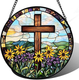 DASTOLL Christian Gifts for Women - Cross Stained Glass Window Hanging Easter Yellow Purple Wildflowers Sun Catcher Garden Religion Decor Mother's Day Catholic Gift for Men Grandma Nana Her Mom 11.8"