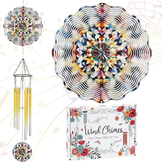 Kaleidoscope Wind Chimes for Outside - Metal Windchimes Deocr with Spinner Indoor Outdoor Hanging Garden Patio Yard Backyard Decoration Christmas New Year Birthday Gift for Women Mom Friend