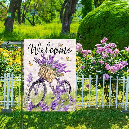 Artofy Welcome Spring Summer Bike Small Decorative Garden Flag, Bicycle Lavender Flower Floral Yard Lawn Outside Decor, Seasonal Butterfly Burlap Outdoor Home Decoration Double Sided 12 x 18