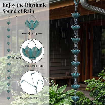 Topadorn Metal Rain Chain Decoration 8.5FT., Rain Catcher Metal Chain Gutter Downspout 104'' for House Eaves, Garden & Home, Flower Cups Garden Decoration,Lake Blue
