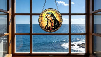 Funoasis Stained Glass Window Hanging 6.3 Inches Suncatcher - The Virgin Mary with Hands Clasped Together and A Headscarf On Her Head Ornaments Sun Catcher Home Decor Women Birthday