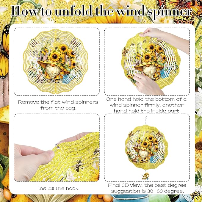 Gnomes Hanging Wind Spinner Outdoor - Gnome Gifts for Women, Stainless Steel Wind Sculpture Sunflower Art Ornaments with Card for Garden Balcony Patio Yard Lawn Decorations