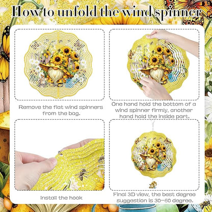Gnomes Hanging Wind Spinner Outdoor - Gnome Gifts for Women, Stainless Steel Wind Sculpture Sunflower Art Ornaments with Card for Garden Balcony Patio Yard Lawn Decorations