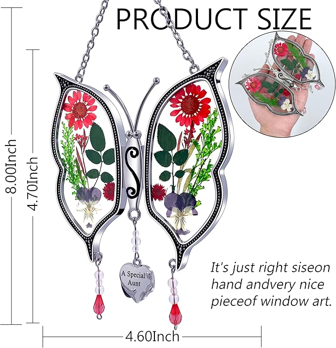 KY&BOSAM Gifts for Aunt Suncatchers for Windows Butterfly Stained Glass A Special Aunt Wind Chime with Pressed Flowers & Heart Charm Gifts for Aunt Mother's Day Wedding Home Decor