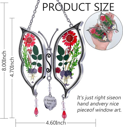 KY&BOSAM Gifts for Aunt Suncatchers for Windows Butterfly Stained Glass A Special Aunt Wind Chime with Pressed Flowers & Heart Charm Gifts for Aunt Mother's Day Wedding Home Decor