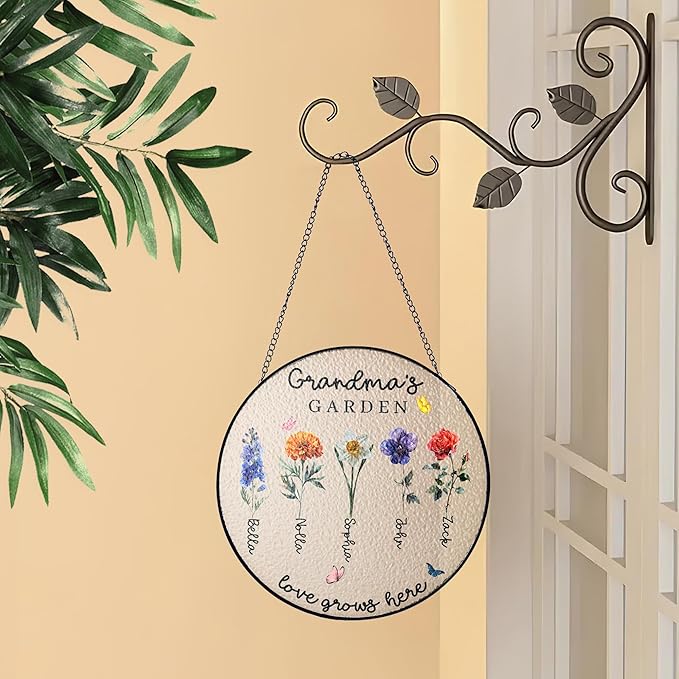 NAZENTI Personalized Birth Flowers Stained Glass Suncatcher for Gigi, Stained Glass Window Hanging Suncatcher with Kids Name, for Grandma, Personalized Mimi Flower Garden