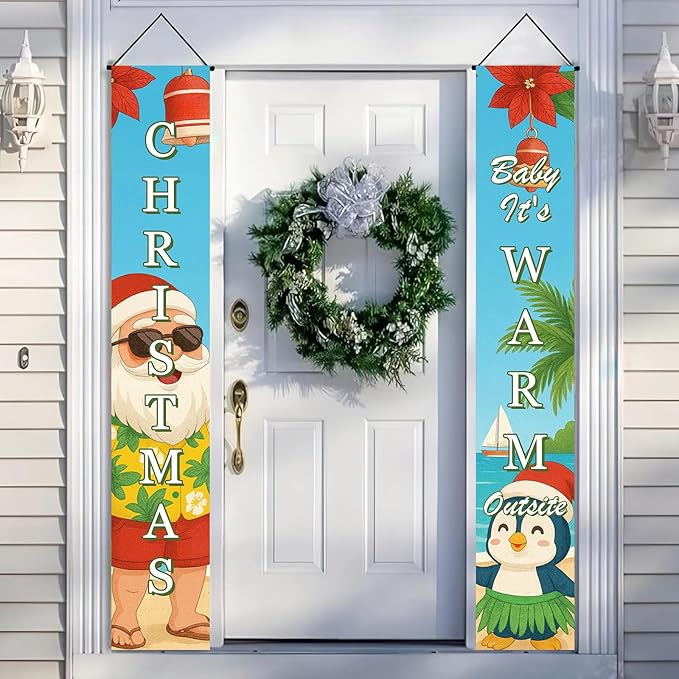 Tropical Christmas Porch Banner 12x71 Inch Beach Santa Penguin Christmas Door Banner Holiday Front Door Decor Outdoor Hanging Sign for Winter Christma Decorations Xmas Porch Sign for Front Door Outdoor Winter Home Decor