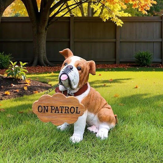 Outdoor English Bulldog Dog Statue with Interchangeable Welcome Sign and Detachable Solar Lantern –LED Light Garden Dog Sculpture Décor Garden Statue Outdoor Dog Statue Garden Outdoor Decor
