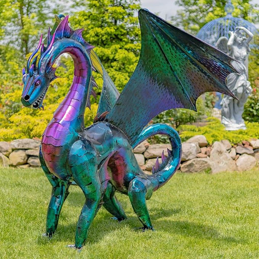Zaer Ltd. Large Metal Dragon Statue, 89" L x 79" W x 73" H, Powder Coated (Oil-Slick Purple Blue)