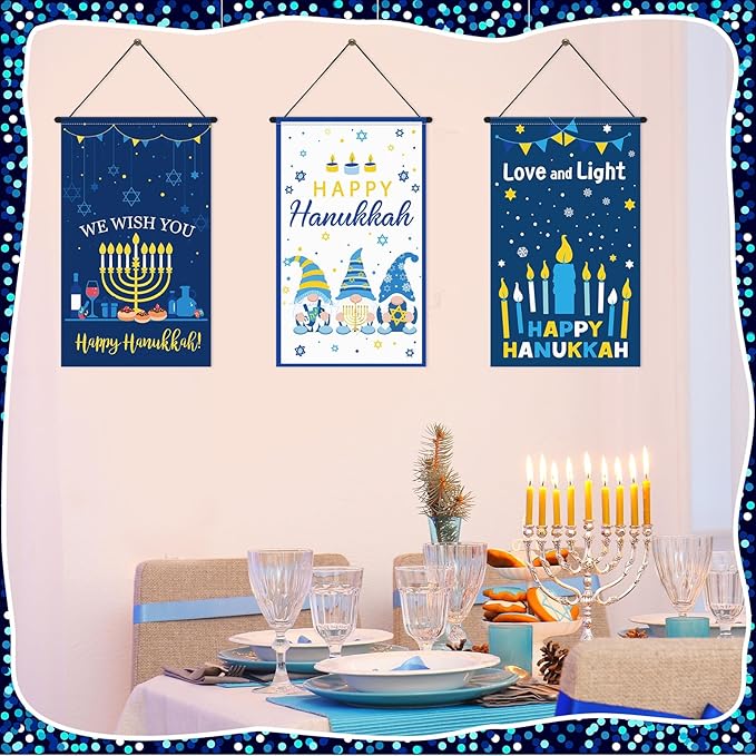 Tegeme 3 Pcs Hanukkah Door Sign Flag Chanukah Blue White Door Hanging Banner Menorah Star of David Menorah Wall Decoration for Hanukkah Party Supplies Outdoor Indoor Decoration