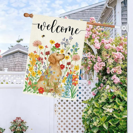 Baccessor Spring Summer Dog House Flag 28x40 Inch Double Sided Burlap, Floral Flowers Large Garden Flag Holiday Yard Porch Patio Farmhouse Outdoor Outside Decoration