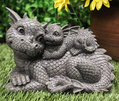 Ebros Whimsical Piggyback Dragon Family Statue 10.25" Long Faux Stone Resin Finish Mother and Baby Animated Dragons Welcome Guest Greeter Decor Figurine