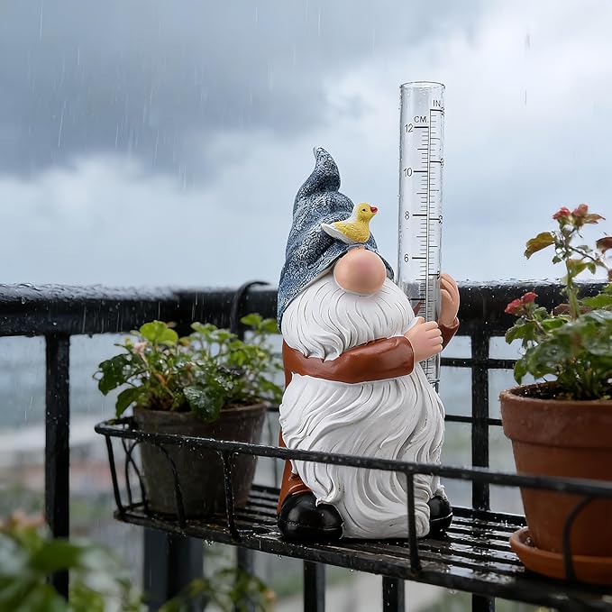 Rain Gauge Outdoor, 8Inch Resin Garden Gnome Rain Gauge Hand Painted Gnome Statue with Plastic Gauge, Decorative Yard Gnome for Outdoor Garden Yard Lawn Decor