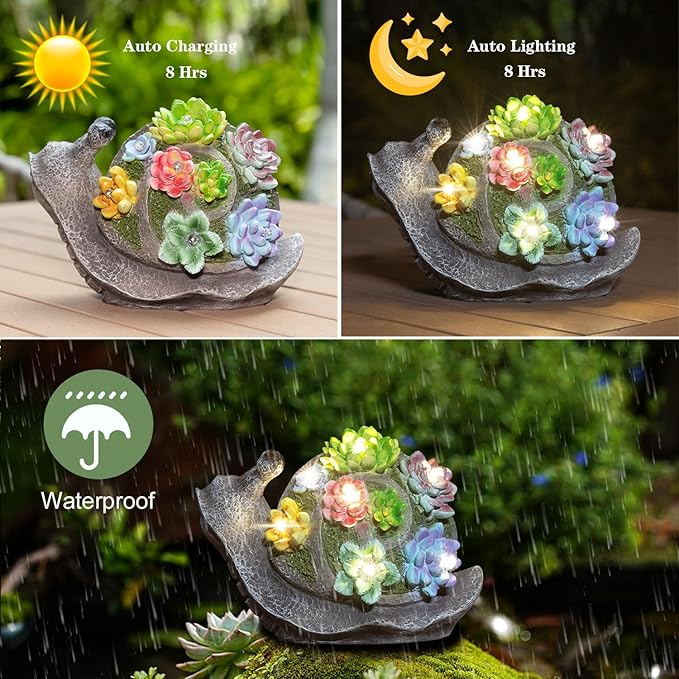 pearlstar Garden Statues, Snails Solar Statue Garden Decor Clearance, Cute Resin Snails Figurines with 7 LED Solar Lights Lawn Decorations for Patio Yard Gifts for Mom Grandma Housewarming
