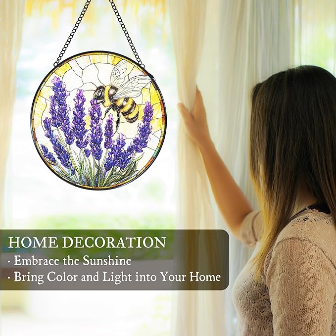Vintage Bee Lavender Stained Glass Window Hanging Suncatcher, Bumble Bee Flowers Sun Catcher Indoor Window Decor, Rustic Purple Painted Glass Round Wall Hanging Decorations, 7.8x7.8 in