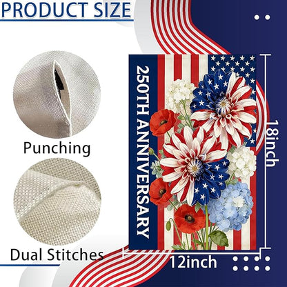 250th Anniversary Garden Flag 12x18 Inch Double Sided, 4th of July Garden Flag with Colorful Flower Design, Red White Blue USA Flags, Garden Decoration for Independence Day, Summer Yard Decor