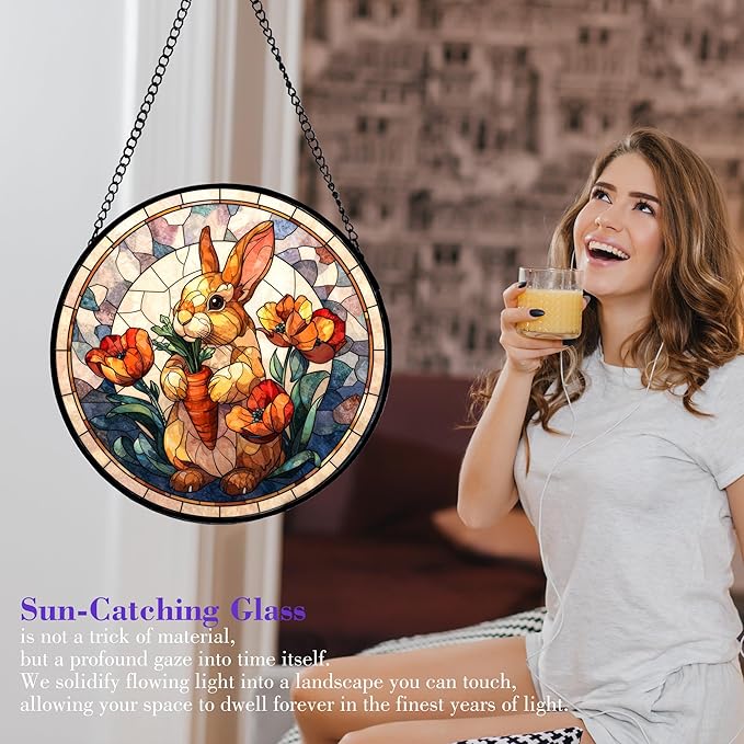 7.88'' Stained Glass Window Hanging, Colorful Rabbit Sun Catchers Glass Panel Flowers Bunny Suncatcher Decor with Hook Chain for Mother's Day Birthday for Women, Men, Wife, Aunt, and Mom