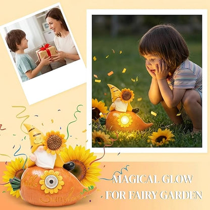 Garden Gnomes Outdoor, Solar Sunflower Gnome Garden Statue & Fairy Garden Accessories, Funny Garden Gnome Yard Ornaments & Lawn Statues, Resin Decor Gnomes Gifts for Women Mom