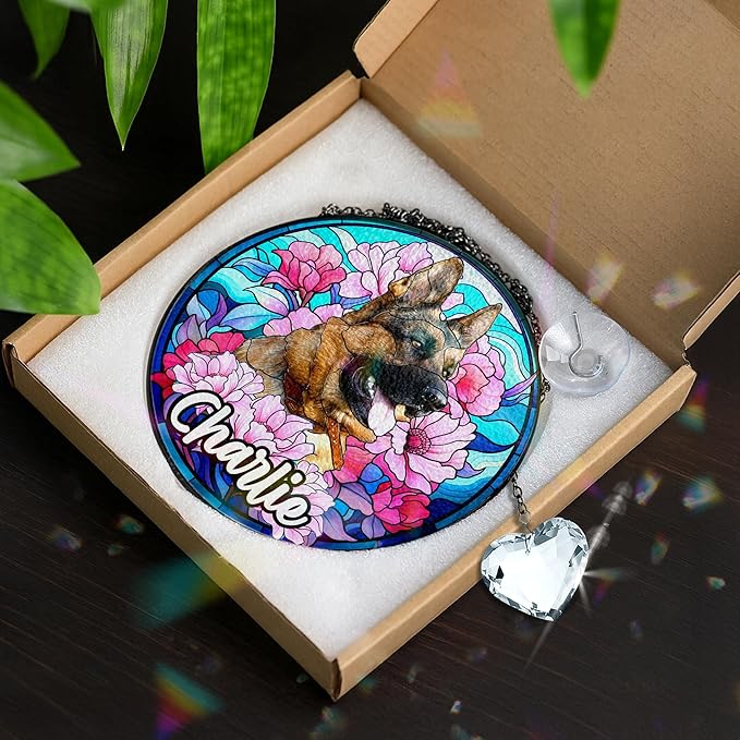 Personalized Pet Stained Glass Suncatcher Custom Name Pet Photo Ornament Window Hanging Holiday Home Decor Sympathy Gift for Loss of Dog Cat Memorial Keepsake Remembrance Gift for Dog Lovers