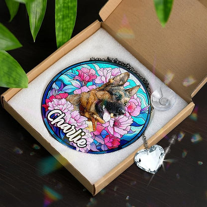 Personalized Pet Stained Glass Suncatcher Custom Name Pet Photo Ornament Window Hanging Holiday Home Decor Sympathy Gift for Loss of Dog Cat Memorial Keepsake Remembrance Gift for Dog Lovers