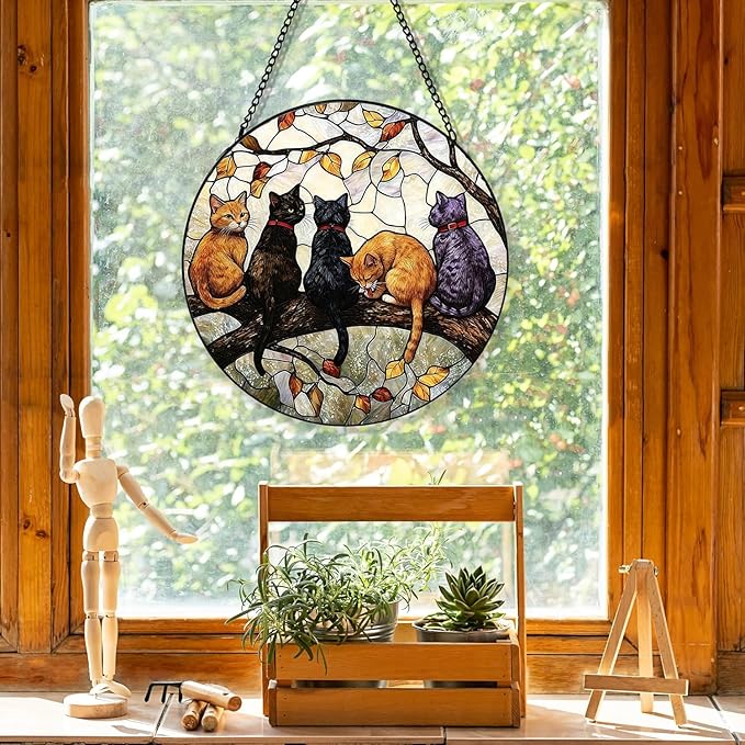 Stained Glass Window Hanging, 5 Cats on a Branch Suncatcher for Window Doors Garden Home Decoration, Animal Colorful Glass Panel Ornaments for Women,Men,Wife, Lovers, and Mom 7.8x7.8 in