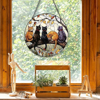 Stained Glass Window Hanging, 5 Cats on a Branch Suncatcher for Window Doors Garden Home Decoration, Animal Colorful Glass Panel Ornaments for Women,Men,Wife, Lovers, and Mom 7.8x7.8 in