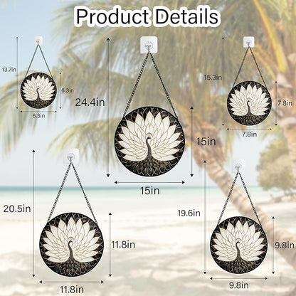 Stained Glass Window Hanging - Peacock Animal Suncatcher for Door Terrace Garden Home Decor Black White Gold Bird Sun Catcher Birthday Gifts for Lovers Women Men Dad Mom Nana 6.3 in