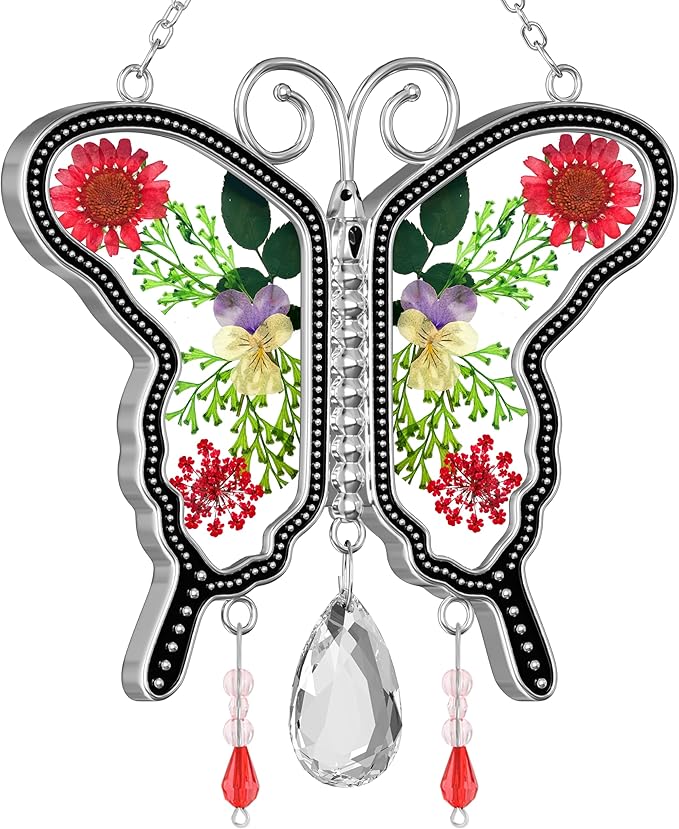 KY&BOSAM Suncatcher Butterfly Stained Glass Crystal Butterfly Suncatchers Ornament hangings for Windows Wind Chime with Pressed Flower Butterfly Embedded in Glass Mother`s Day Birthdays