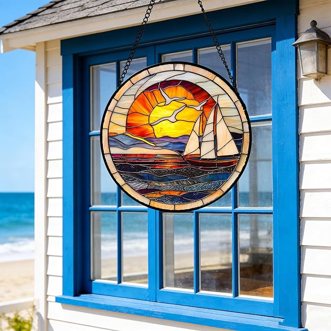 DASTOLL Stained Glass Window Hanging, Sun Ocean Sailboat Seagull Abstract Suncatcher Diamond Glass Panel Sun Catchers Decor for Birthday for Women, Men, Wife, Aunt, and Mom 6.3 in