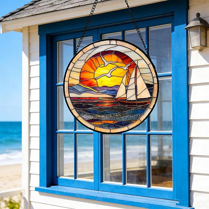 DASTOLL Stained Glass Window Hanging, Sun Ocean Sailboat Seagull Abstract Suncatcher Diamond Glass Panel Sun Catchers Decor for Birthday for Women, Men, Wife, Aunt, and Mom 7.8 in