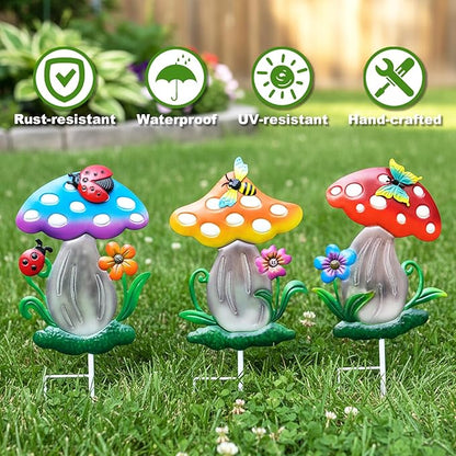 Decorative Garden Stakes, 3 Pack Mushroom Lawn Ornaments Metal Garden Stakes, Colorful Yard Art for Garden, Lawn, Porch.