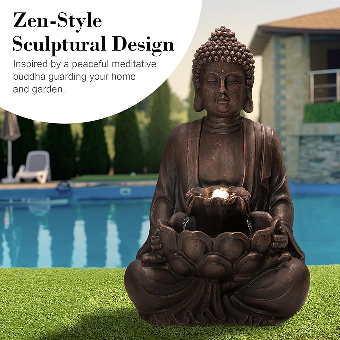 Glitzhome Buddha Statue 23" H, Outdoor Buddha Statue Zen Style Buddha Fountian with LED Light & Pump Polyresin Outdoor Floor Freestanding Fountain Garden Buddha Sculptures & Statues Lawn Décor