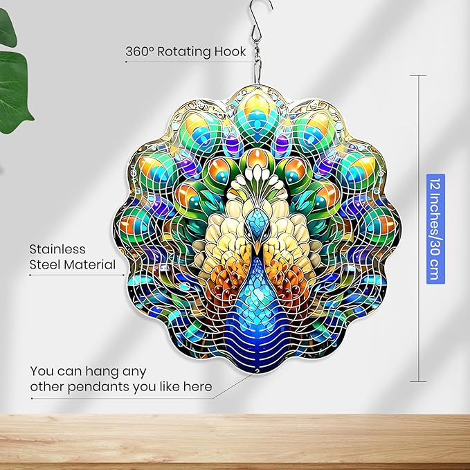 MXJSUA Peacock Wind Spinners for Indoor Outdoor Garden Decoration, 12 Inch Peacock Stainless Steel Hanging Wind Spinners Ornaments Crafts for Gifts