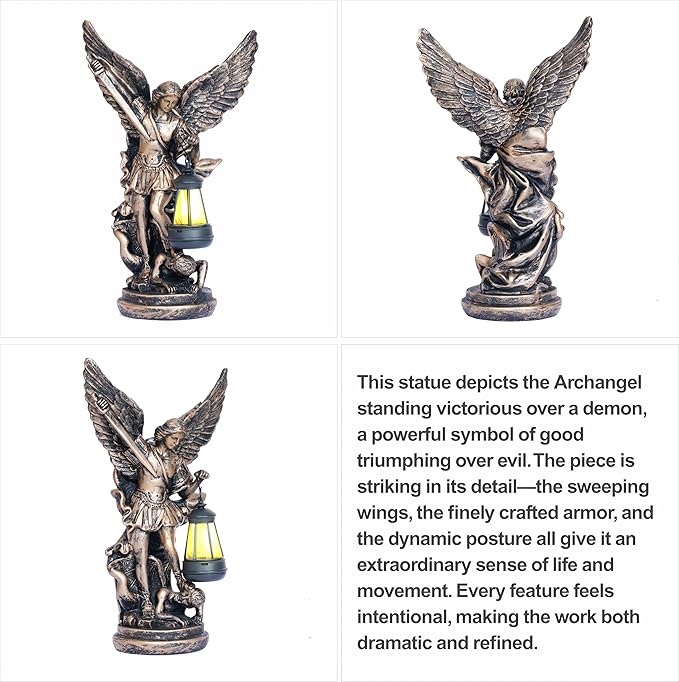 Solar San Miguel Arcangel Outdoor Garden Decor Statues 12.4" Solar St Michael the Archangel Satue for Yard Patio Lawn Porch Decorations Resin St Michael Figurine Religious Collection Sculptures Gifts