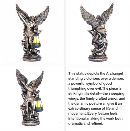 Solar San Miguel Arcangel Outdoor Garden Decor Statues 12.4" Solar St Michael the Archangel Satue for Yard Patio Lawn Porch Decorations Resin St Michael Figurine Religious Collection Sculptures Gifts