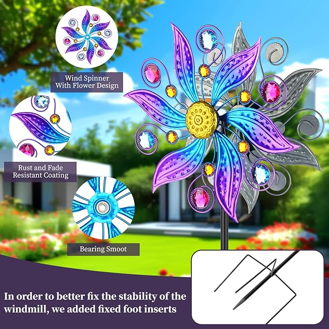 Metal Wind Spinner Outdoor, Purple Flowers Wind Sculpture Spinners with Metal Stake, Yard Art Decor for Patio, Lawn & Garden, Creative Gifts 57.5 * 13.3 Inch