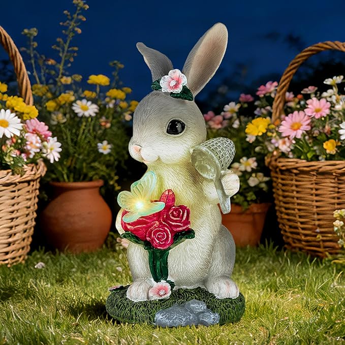 Solar Garden Decor Rabbit with Butterfly Statues Outdoor, Outdoor Figurine Statue Lights, Outdoor Garden Yard Lawn Patio Decoration, Unique House Warming Birthday Present for Women Family