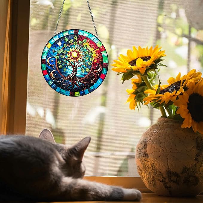 Tree of Life Stained Glass Window Hanging, 7.8" Hand-Painted Sun Catcher Glass Panel Wall Art Decor with Chain, Tree of Life Gifts for Women Mom Grandma, Outdoor Indoor Art Decor for Home Garden