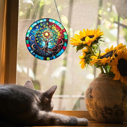 Tree of Life Stained Glass Window Hanging, 7.8" Hand-Painted Sun Catcher Glass Panel Wall Art Decor with Chain, Tree of Life Gifts for Women Mom Grandma, Outdoor Indoor Art Decor for Home Garden