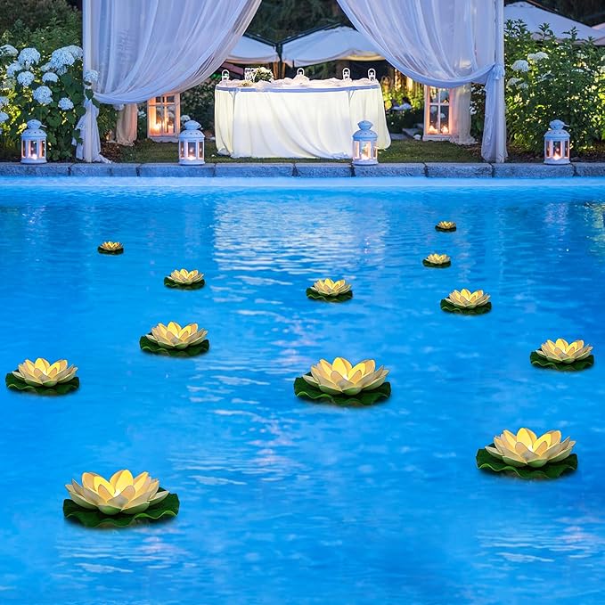 12PCS Waterproof Floating Lotus Light, 5’’+ 6’’ Floating Lily Lights Water Activated Artificial Flowers Battery Operated Warm White Light for Wedding Pool Anniversary Garden Decor