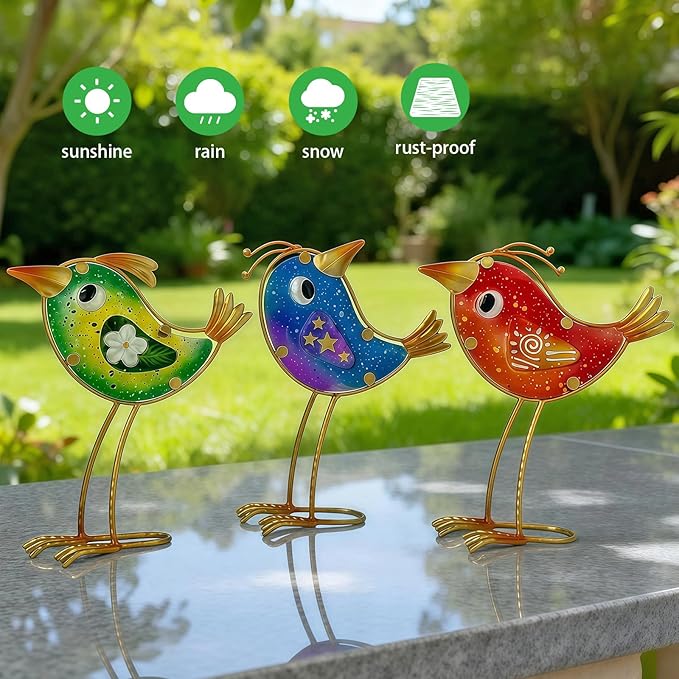 HONGLAND Garden Decor, Set of 3 Funny Metal & Glass Bird Statues for Indoor Outdoor, Colorful Yard Art with Hand-Painted Glass, Gift for Home Garden Decorations