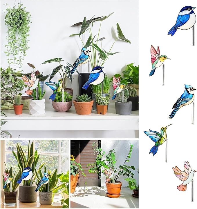 Bird Butterfly Flower Plant Pot Stake Decoration, 4.7 Inch 2D Colorful Acrylic Bird Butterfly Garden Ground Insert Decor, Outdoor Yard Lawn Pathway Patio Art Ornaments, Gifts for Mom (Q)