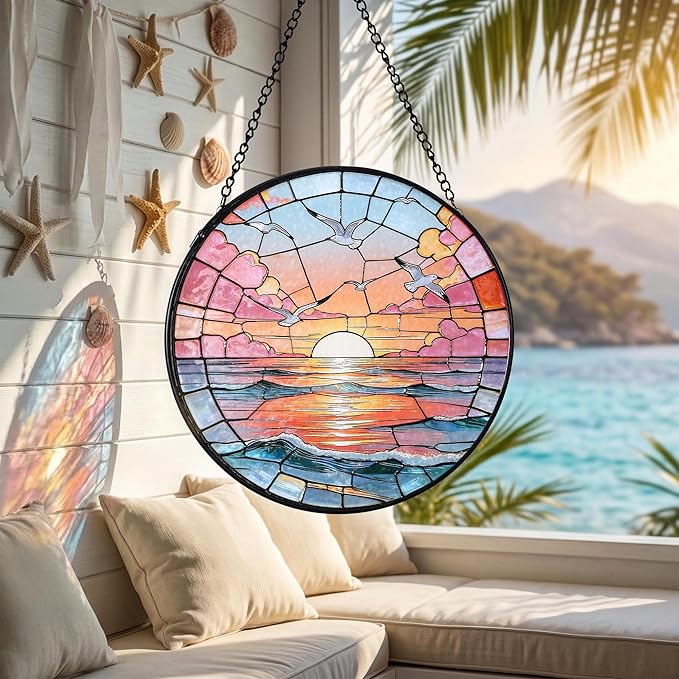 Hanging Stained Glass for Windows,20cm/7.87inch Sea Sunrise Stained Glass Suncatcher with Chain Garden Diamond Glass Panel Hangings Decoration for Home Decor Gifts for Family Friends Colleagues