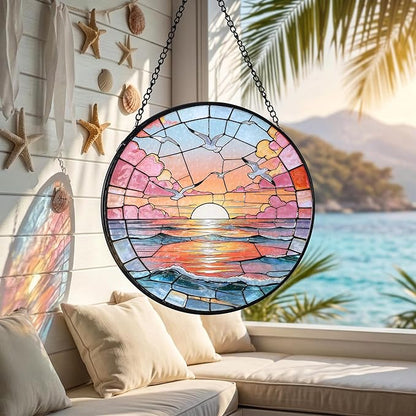 Hanging Stained Glass for Windows,20cm/7.87inch Sea Sunrise Stained Glass Suncatcher with Chain Garden Diamond Glass Panel Hangings Decoration for Home Decor Gifts for Family Friends Colleagues