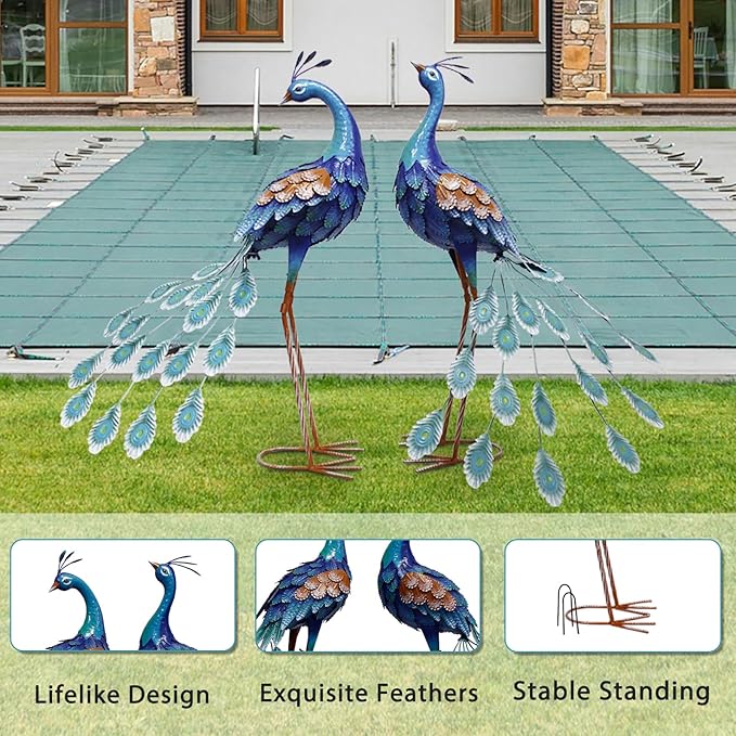 29 Inch Metal Peacock Decor, Outdoor Peacock Statues Yard Art, Garden Statues for Patio Yard Lawn Home Backyard Decorations, Set of 2