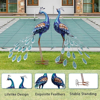 29 Inch Metal Peacock Decor, Outdoor Peacock Statues Yard Art, Garden Statues for Patio Yard Lawn Home Backyard Decorations, Set of 2