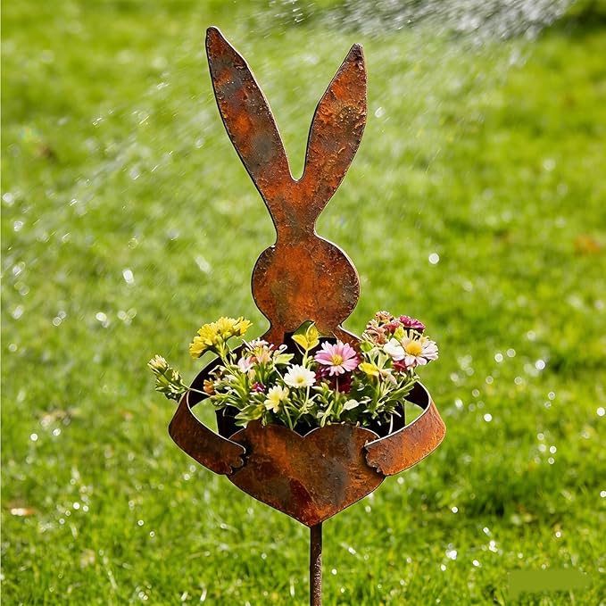 Easter Vintage Metal Rabbit Shaped Planter Garden Stake - Rustic Bunny Silhouette Garden Decor for Outdoor Garden Yard, for Celebrate Easter Outdoors (2pc)