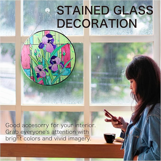 Hanway Suncatcher in Colorful Stained Glass 12" Dia - Genuine Brightly Colored Glass, Protective Metal Edge, Ready to Use Hanging Chain, for Window, Garden (Iris)