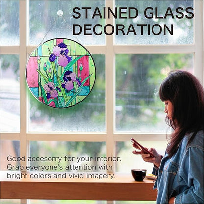 Hanway Suncatcher in Colorful Stained Glass 12" Dia - Genuine Brightly Colored Glass, Protective Metal Edge, Ready to Use Hanging Chain, for Window, Garden (Iris)